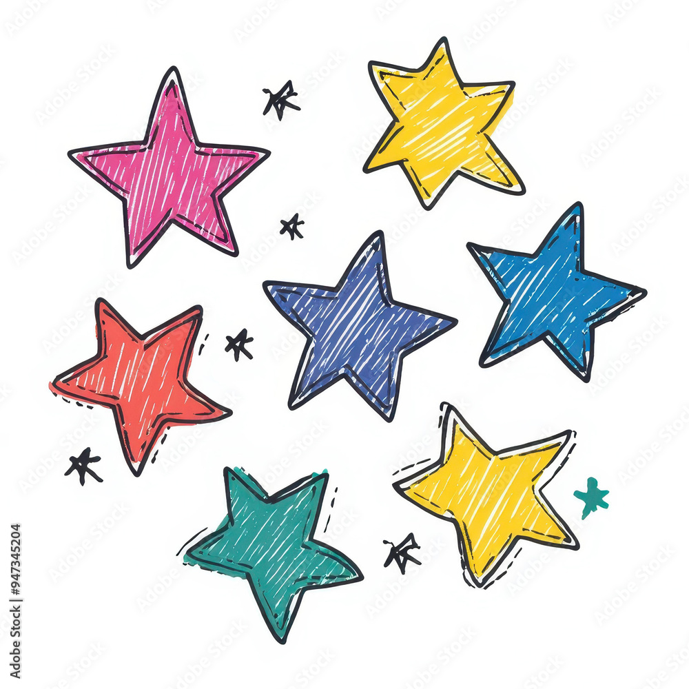 A whimsical collection of handdrawn stars, perfect for childrens artwork, set against a clean white background. A whimsical collection of handdrawn stars, perfect for childrens artwork, set against a clean white background.