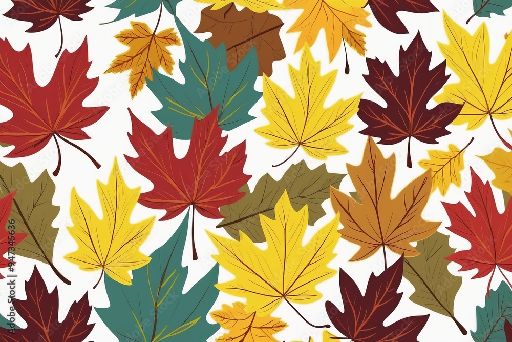 A seamless pattern of autumn leaves with vibrant shades of orange, yellow, and red featuring maple and oak leaves, capturing the essence of fall nature in a vector design. A seamless pattern of autumn leaves with vibrant shades of orange, yellow, and red featuring maple and oak leaves, capturing the essence of fall nature in a vector design.