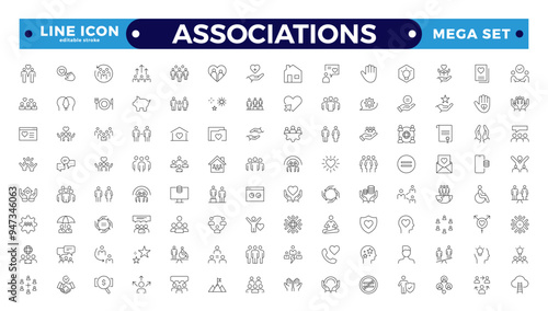 Society web icons in line style. Team, group, people, teamwork, social, association, cooperation, collection. Associations outline icon set. Editable stroke outline icon. 
