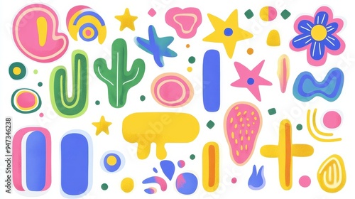 Explore a vibrant sticker pack featuring abstract retro shapes and playful designs in groovy s and s styles.
