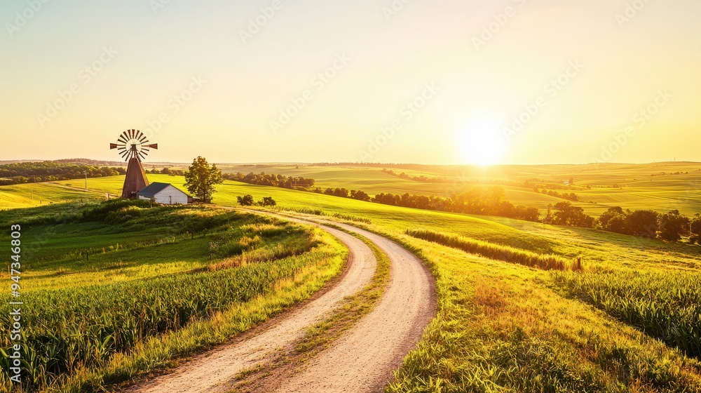 Naklejka premium Rural Countryside Road with Windmill and Sunset