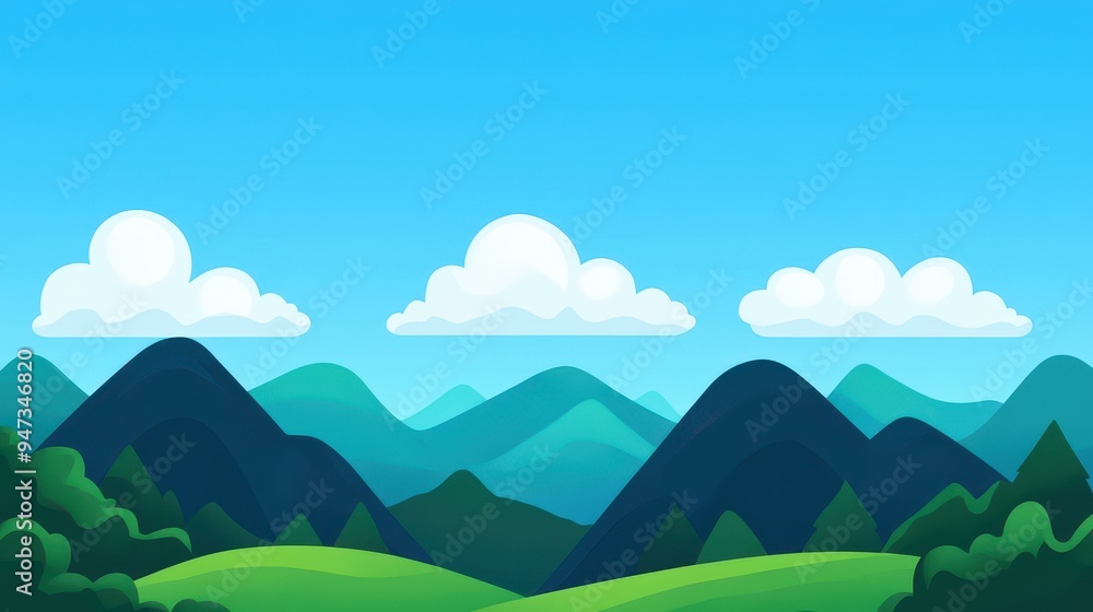 A stunning vector illustration of a serene mountain landscape, complete with green mountains, hills, and fluffy clouds. A stunning vector illustration of a serene mountain landscape, complete with green mountains, hills, and fluffy clouds.