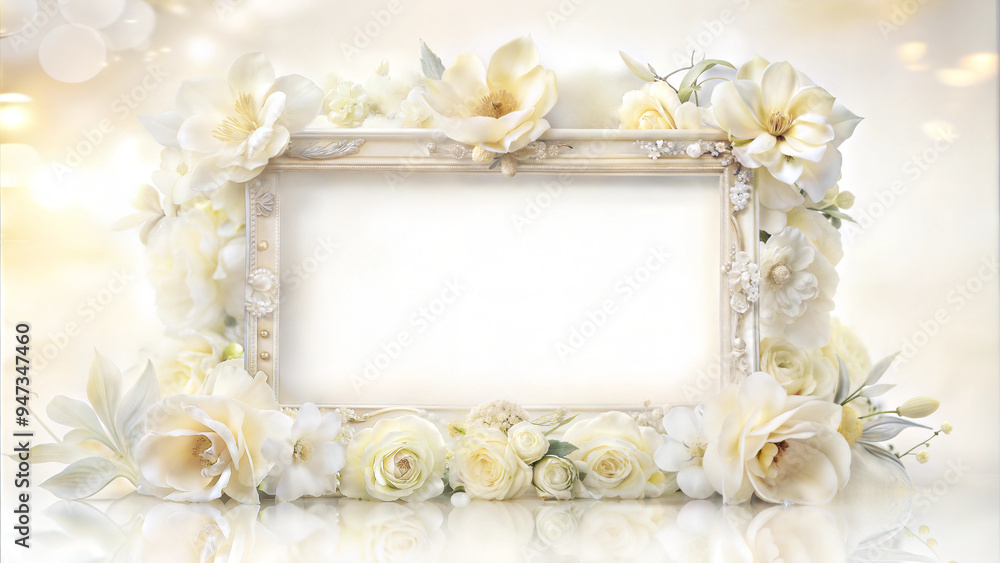 Photo frame on a background of delicate yellow-beige flowers Photo frame on a background of delicate yellow-beige flowers