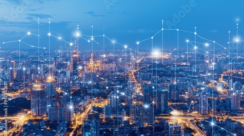 Wallpaper Mural Smart City Network with Connected Dots and Lines Over Night Skyline Torontodigital.ca