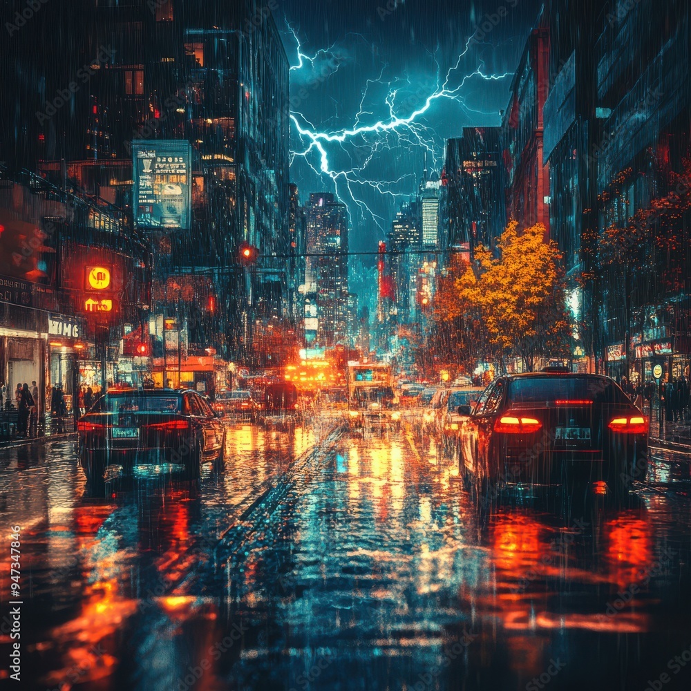 A vibrant urban scene with neon lights reflecting on wet streets during a thunderstorm, creating a dramatic and moody atmosphere. A vibrant urban scene with neon lights reflecting on wet streets during a thunderstorm, creating a dramatic and moody atmosphere.