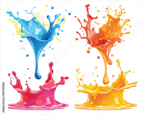 Set of different color delicious cream explosions, Illustration, vector isolated on a white background. Milk and chocolate splashes in the air, illustration