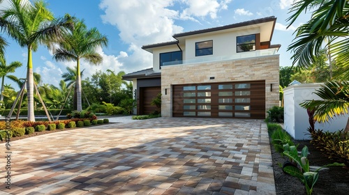 White and Brown Garage Door in a Modern Miami Home with Brick Driveway, Landscaping, and Palm Trees