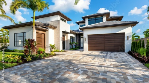 White and Brown Garage Door in a Modern Miami Home with Brick Driveway, Landscaping, and Palm Trees
