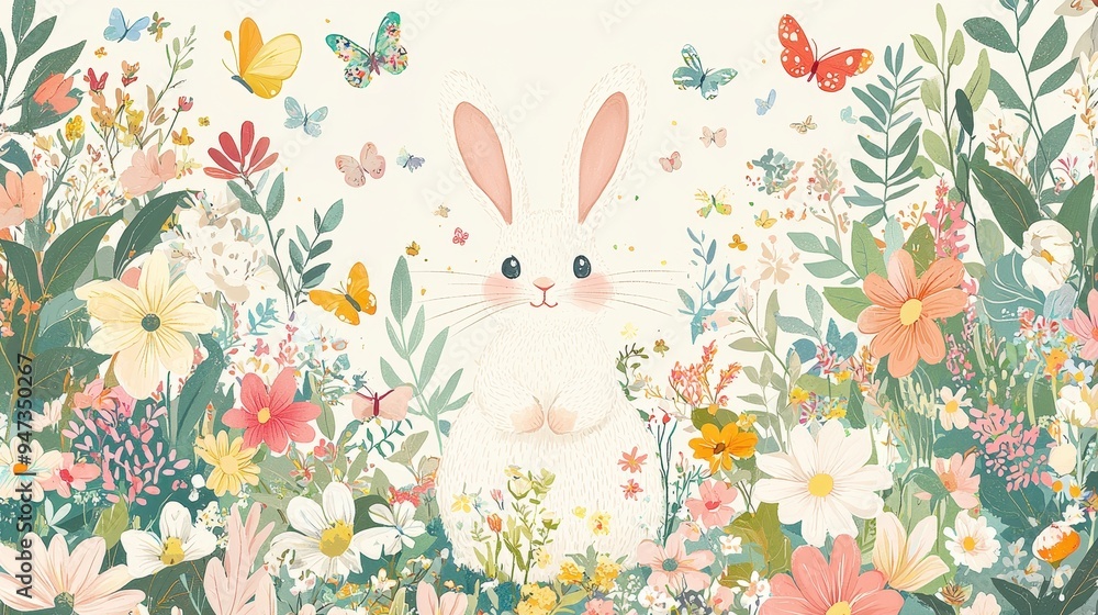Cute White Bunny Rabbit in a Floral Garden with Butterflies Cute White Bunny Rabbit in a Floral Garden with Butterflies