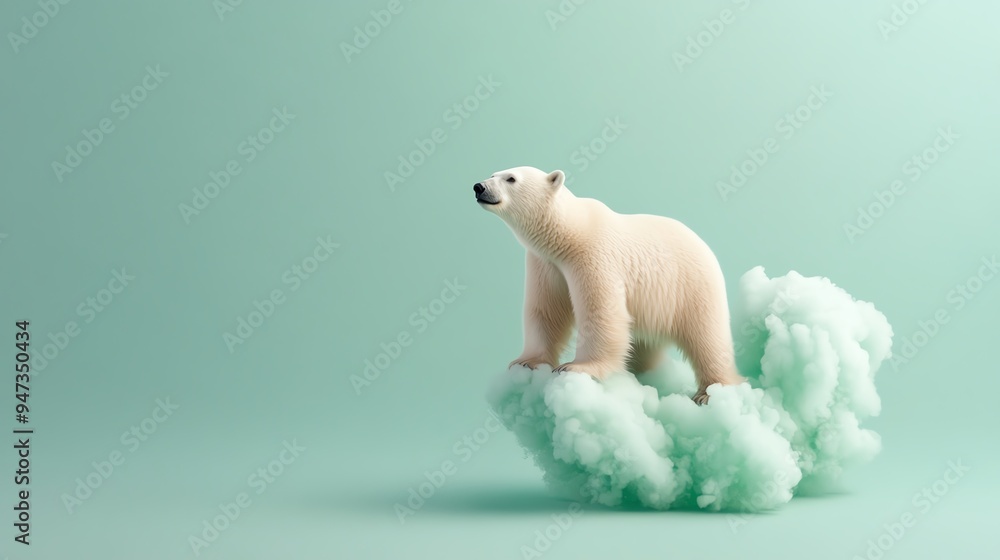 Surreal image of a polar bear standing on a cloud against a light green background, combining elements of nature and fantasy. Surreal image of a polar bear standing on a cloud against a light green background, combining elements of nature and fantasy.