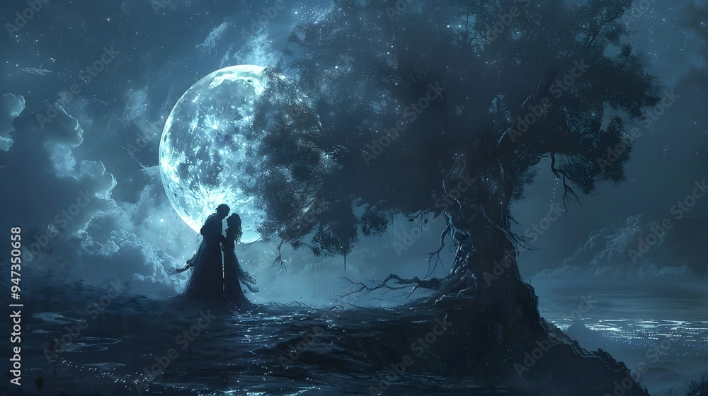 Romantic Couple Silhouette Under Full Moon. Romantic Couple Silhouette Under Full Moon.