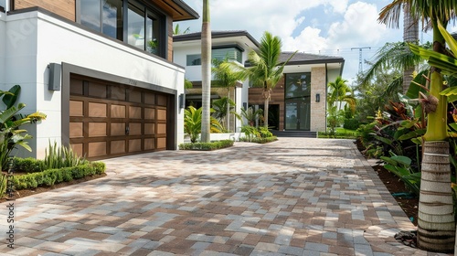 White and Brown Garage Door in a Modern Miami Home with Brick Driveway, Landscaping, and Palm Trees