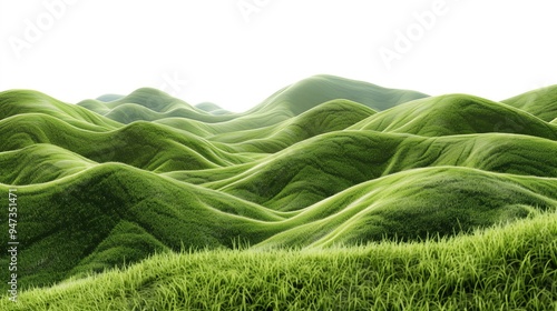 Green Grass Rolling Hills Landscape Background Isolated Overlay Element, Mountain Valley Meadow Backdrop, White Background for Easy Editing