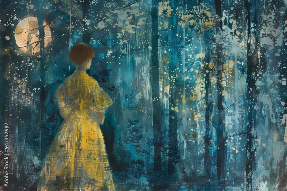 Woman in a Yellow Dress Standing in a Forest with a Full Moon Woman in a Yellow Dress Standing in a Forest with a Full Moon