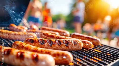 Close up of Grilled Sausages on a Barbecue Grill photo