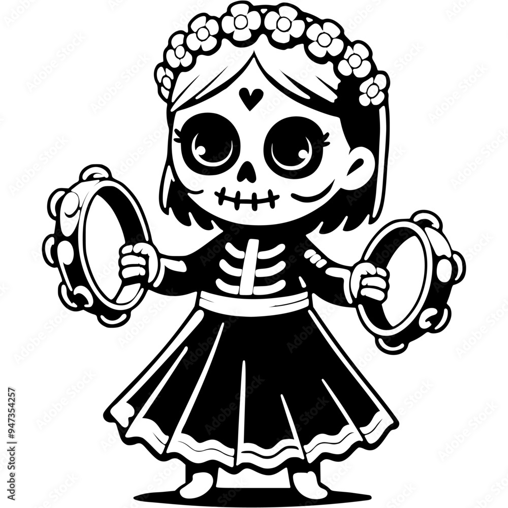 Girl dressed in Mexican clothes with a flower crown on her head plays