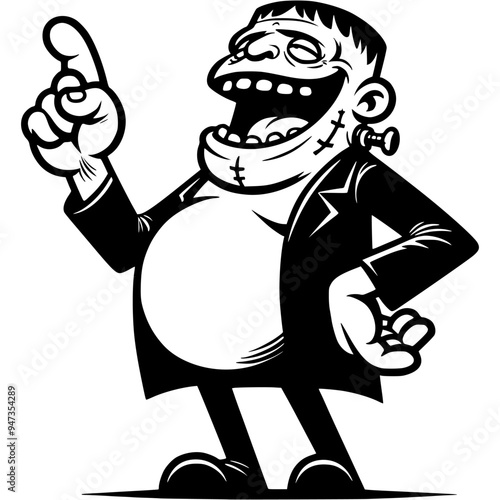 Zombie resurrected by a mad scientist laughs cheerfully, holds his stomach and points his finger forward in monochrome. Simple minimalistic vector in black ink drawing on transparent background