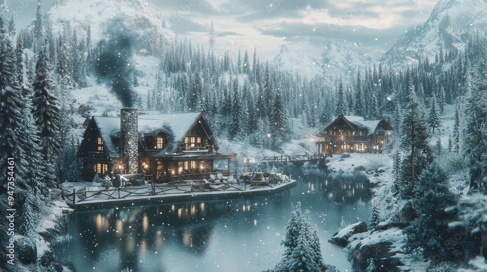 Fototapeta premium Cozy Cabin in a Snowy Mountain Forest Landscape