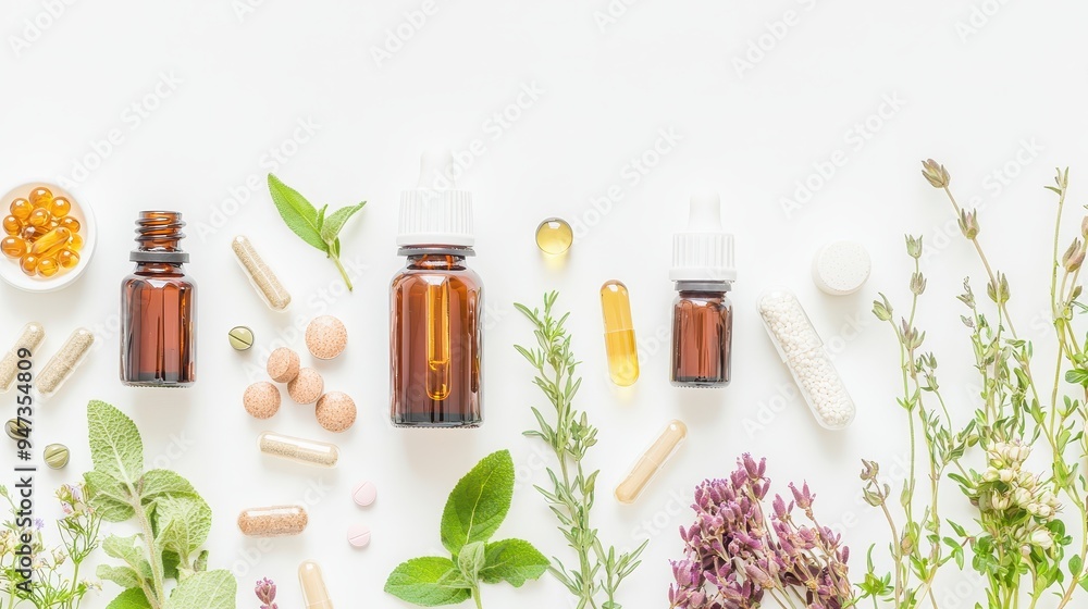 Herbal Supplements and Medicines with Herbs and Flowers on White Background Herbal Supplements and Medicines with Herbs and Flowers on White Background
