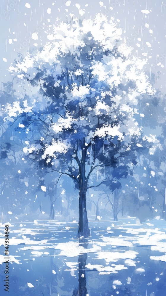 Obraz premium Serene Winter Wonderland: Anime-Style Snowy Tree in Gentle Rain. Magical Christmas Scene Blending Snow and Rain, Creating Peaceful Atmosphere for Holiday Marketing and Minimalist Graphic Design Templa