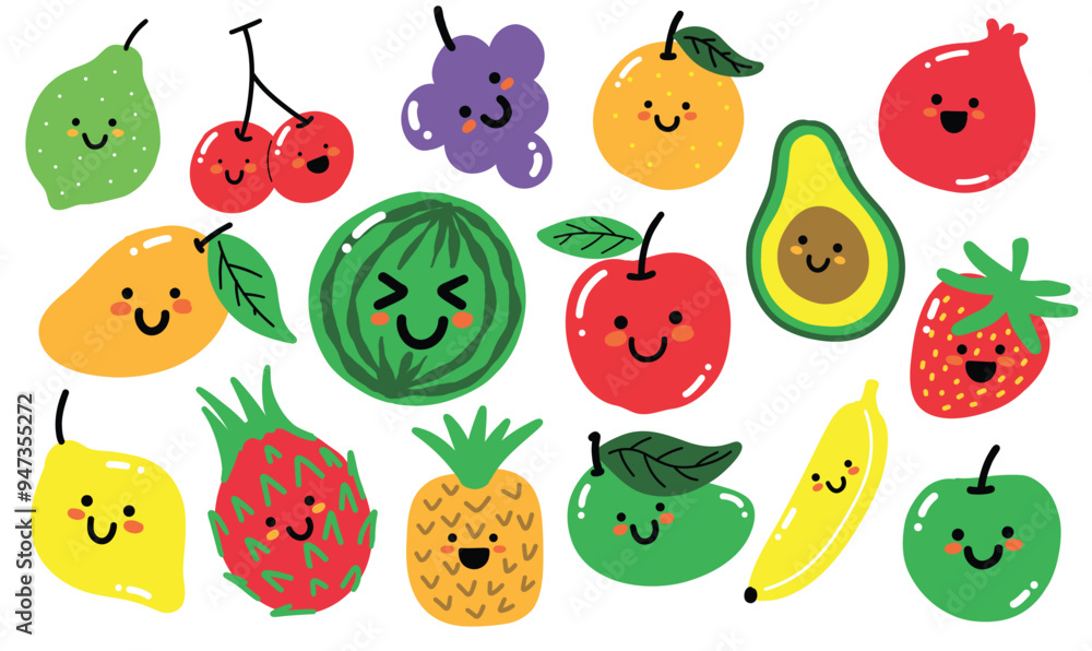 Kawaii Cute Fruit Cartoon Collection | Adorable Hand-Drawn Fruit Illustrations Featuring Happy Avocado, Pineapple, Watermelon, Cherry, and More for Kids and Fun Designs Kawaii Cute Fruit Cartoon Collection | Adorable Hand-Drawn Fruit Illustrations Featuring Happy Avocado, Pineapple, Watermelon, Cherry, and More for Kids and Fun Designs