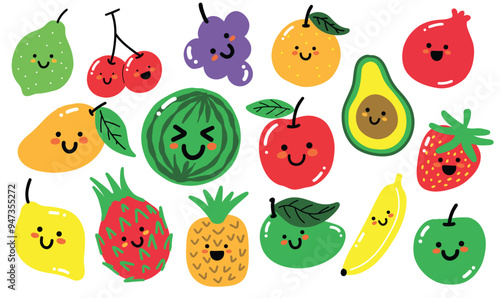 Kawaii Cute Fruit Cartoon Collection | Adorable Hand-Drawn Fruit Illustrations Featuring Happy Avocado, Pineapple, Watermelon, Cherry, and More for Kids and Fun Designs