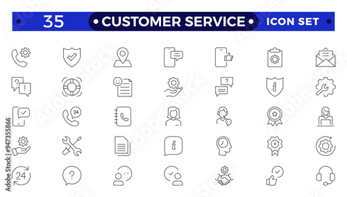 Customer Service and Support Outline Icon Collection. Thin line modern style of customer service icons: feedback, technical support, assistance, information, and more.