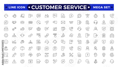 Customer Service and Support Outline Icon Collection. Thin line modern style of customer service icons: feedback, technical support, assistance, information, and more.
