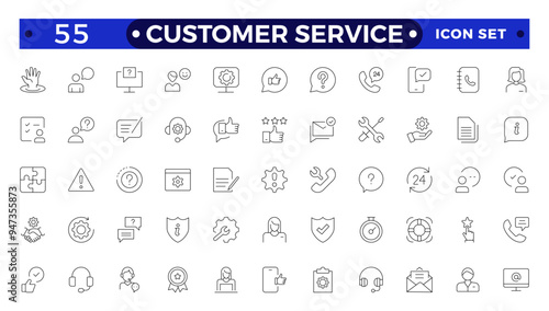 Customer Service and Support Outline Icon Collection. Thin line modern style of customer service icons: feedback, technical support, assistance, information, and more.