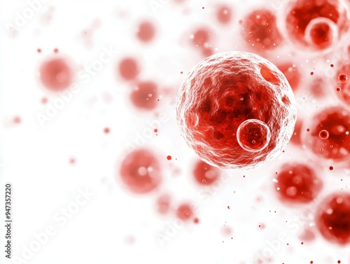 Abstract depiction of red cells floating in a white space, representing life, health, and microscopic biological processes.