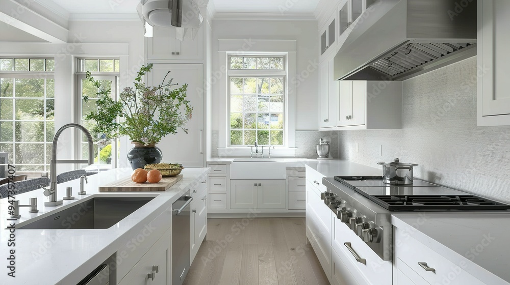 Modern Kitchen Interior with White Cabinets, Stainless Steel Appliances, and a Window View Modern Kitchen Interior with White Cabinets, Stainless Steel Appliances, and a Window View