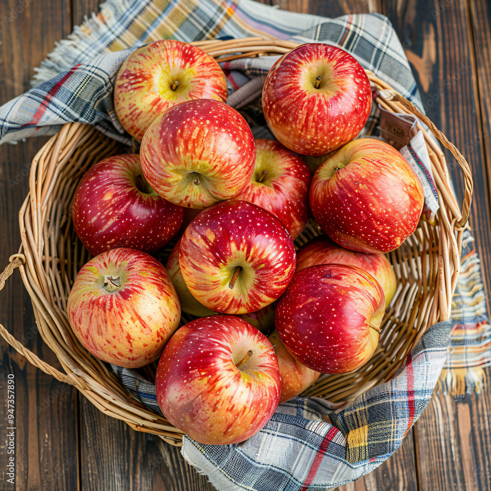 Apples in a wicker basket high angle view on wooden Apples in a wicker basket high angle view on wooden