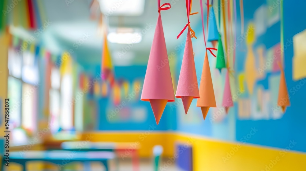 small school cones hanging on small ribbons from the ceiling, school enrollment background small school cones hanging on small ribbons from the ceiling, school enrollment background