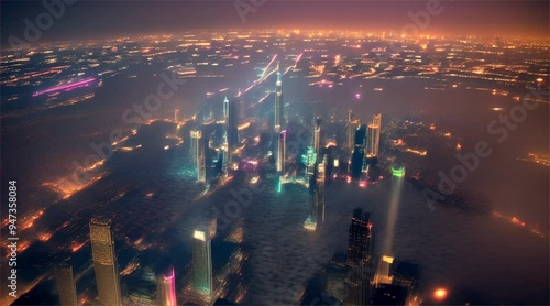 3D rendering of early morning sunrise over cityscape with skyscrapers and warm sunlight. Cute modern architecture.