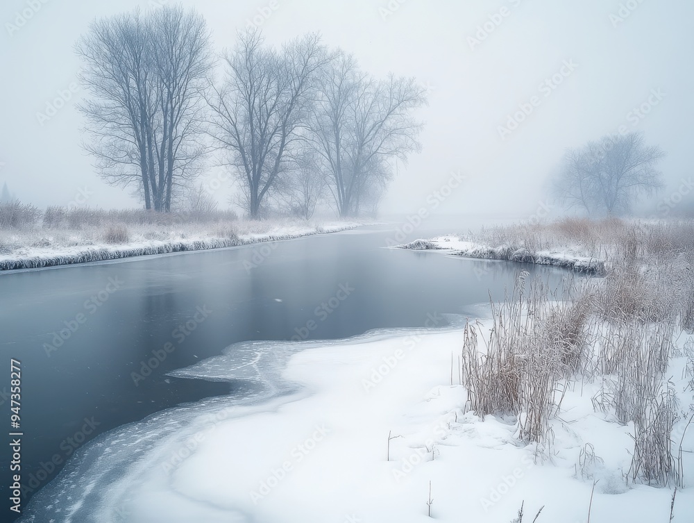 A serene winter scene with a partially frozen river, bare trees, and snow-covered banks, enveloped in a soft misty atmosphere.
A serene winter scene with a partially frozen river, bare trees, and snow-covered banks, enveloped in a soft misty atmosphere.