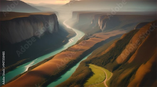 3D rendering of sunrise over mountains and river landscape with warm sunlight. Beautiful landscape vector illustration of mountain lake with dense forest, meadow banks tall trees and snow.