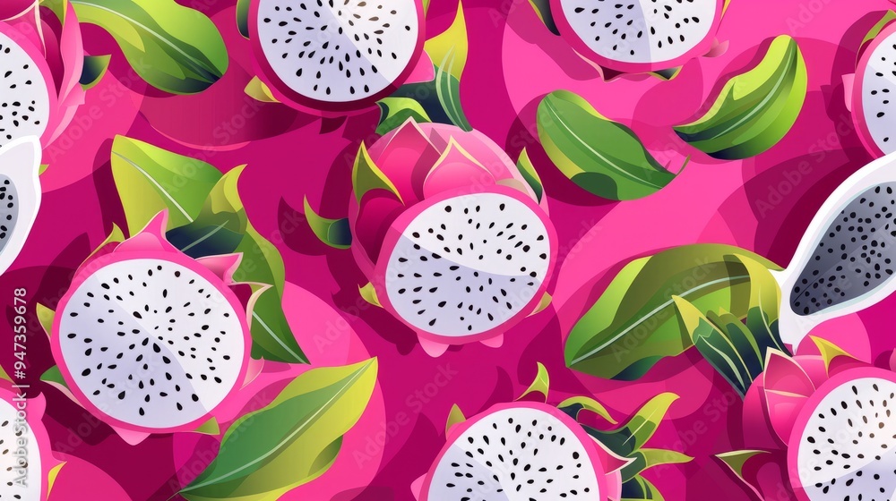 A flat style illustration of dragon fruit set against a vibrant pink background, creating an exotic and refreshing atmosphere full of color A flat style illustration of dragon fruit set against a vibrant pink background, creating an exotic and refreshing atmosphere full of color