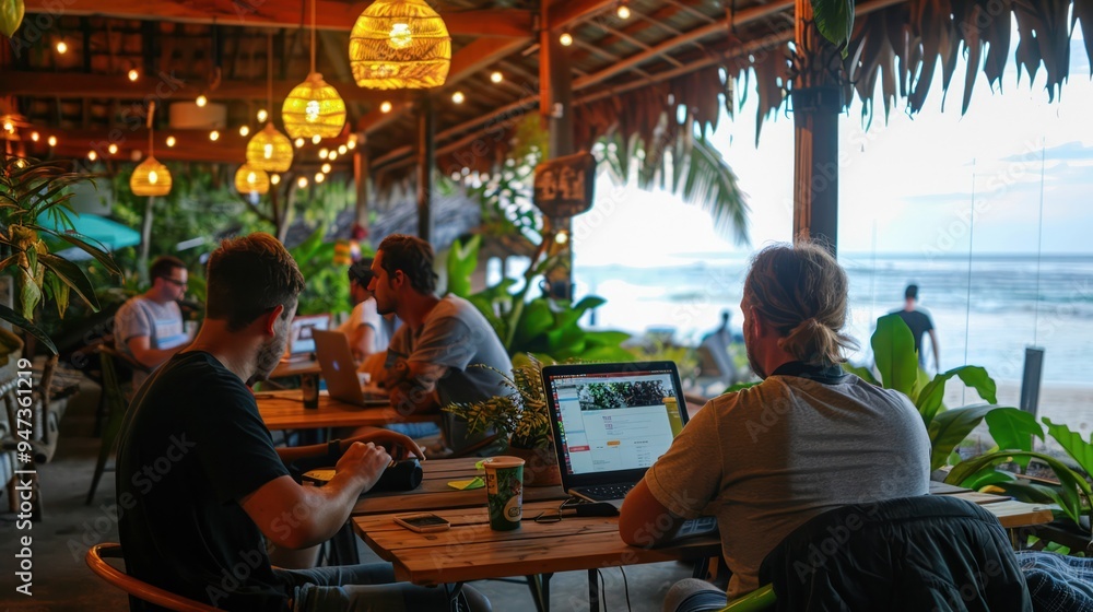 Digital nomads at tropical co-working space discussing remote ISO auditing Digital nomads at tropical co-working space discussing remote ISO auditing