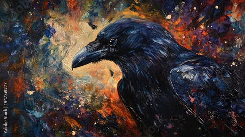 A Black Raven Silhouetted Against a Cosmic Abstract Background