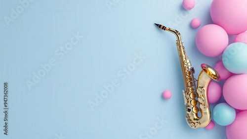 International Music Day, jazzthemed decorations with saxophones, vibrant celebration, 3D illustration photo