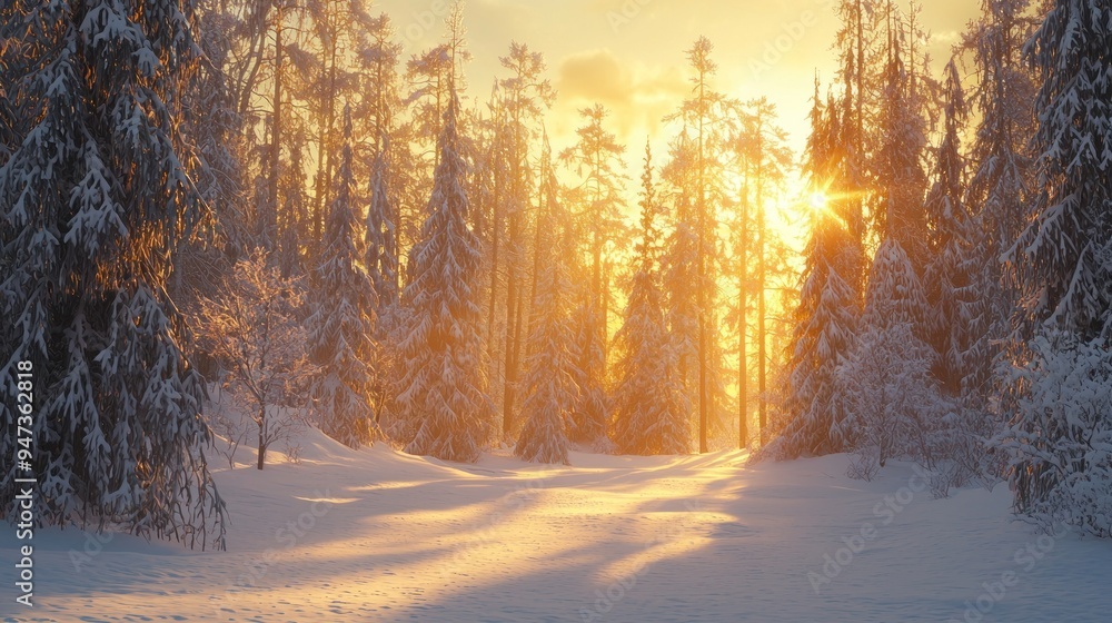 Sunbeams Illuminating a Snow-Covered Forest at Sunset Sunbeams Illuminating a Snow-Covered Forest at Sunset