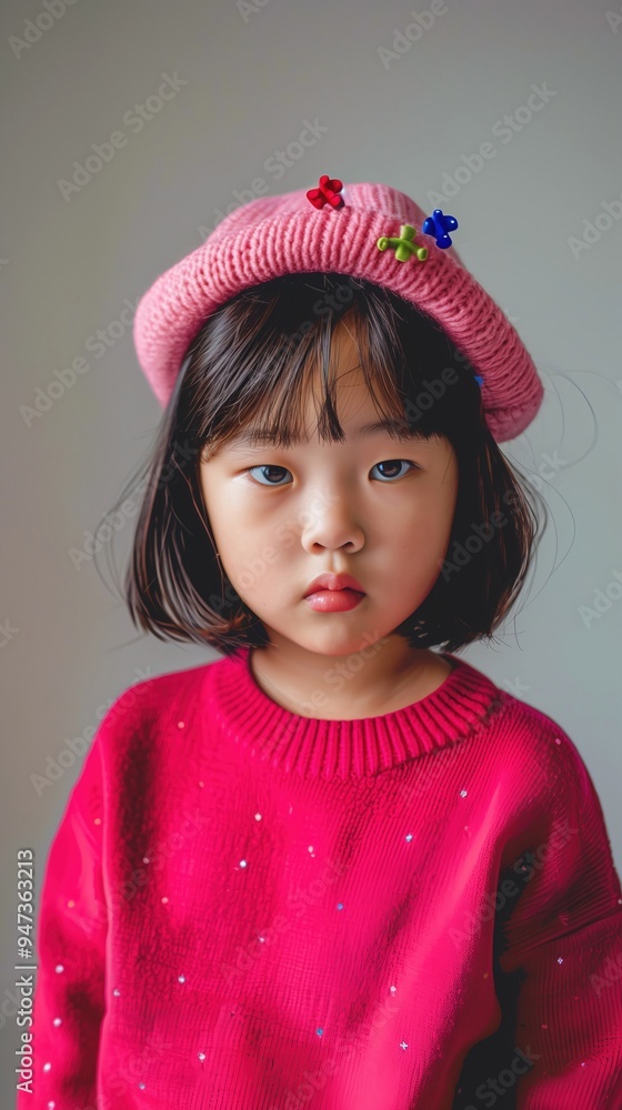 Adorable Young Asian Girl Wearing Knit Hat and Sweater Smiling in Studio Adorable Young Asian Girl Wearing Knit Hat and Sweater Smiling in Studio