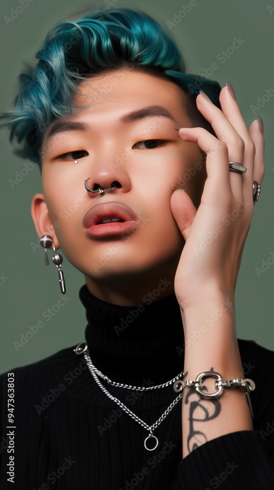 Obraz premium Confident and Fashionable Asian Youth with Vibrant Hair and Bold Accessories