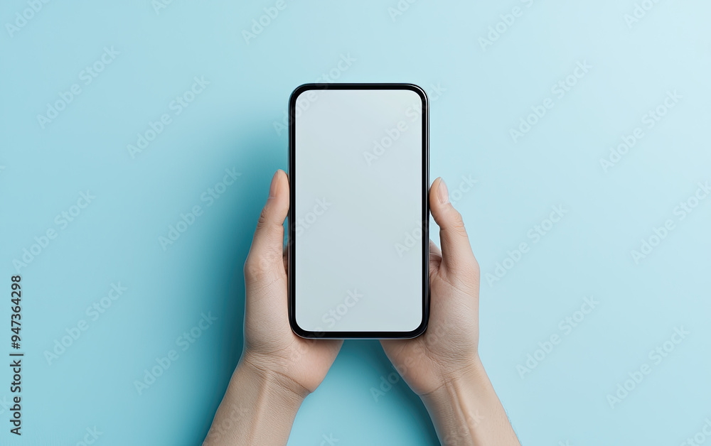 A top view of hands holding a smartphone with a blank screen on a light blue background, perfect for showcasing technology. A top view of hands holding a smartphone with a blank screen on a light blue background, perfect for showcasing technology.