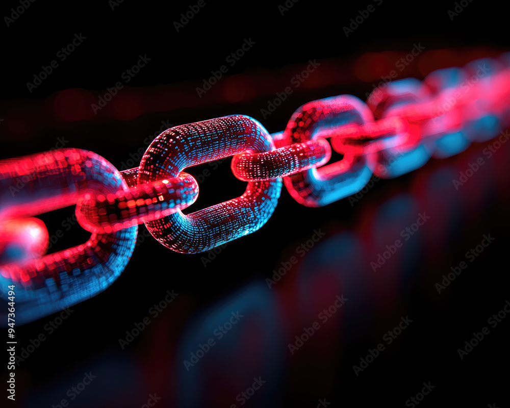 Close-up of a futuristic digital chain with glowing links, symbolizing connection and technology in a modern world. Close-up of a futuristic digital chain with glowing links, symbolizing connection and technology in a modern world.