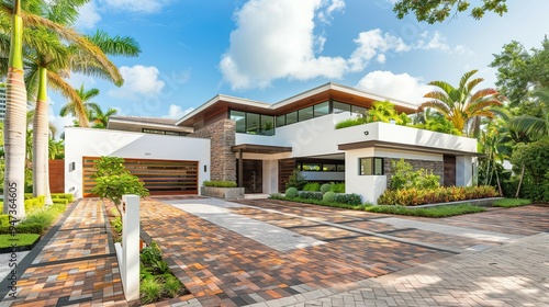Modern Miami Home: Brick Driveway, Landscaping, Palm Trees, and a White and Brown Garage Door