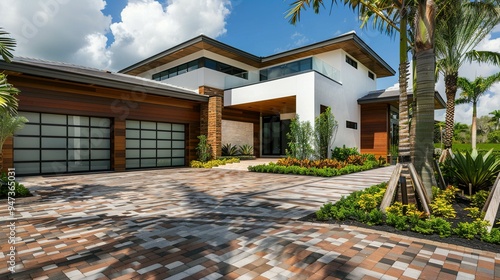 Modern Miami Home: Brick Driveway, Landscaping, Palm Trees, and a White and Brown Garage Door