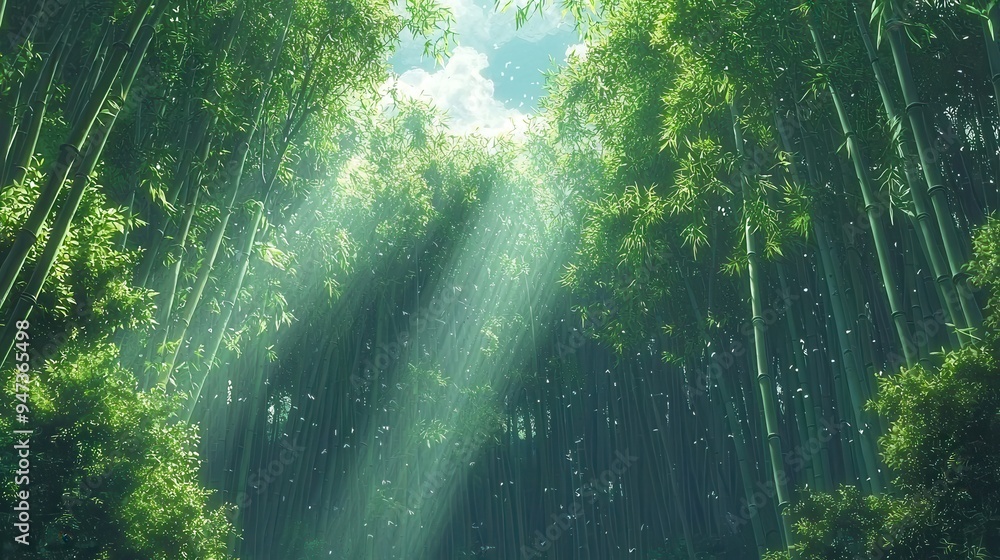 Obraz premium Sunbeams Through Lush Green Bamboo Forest