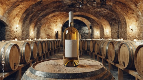 Bottle white wine sitting top wooden barrel cellar In a castle-l photo