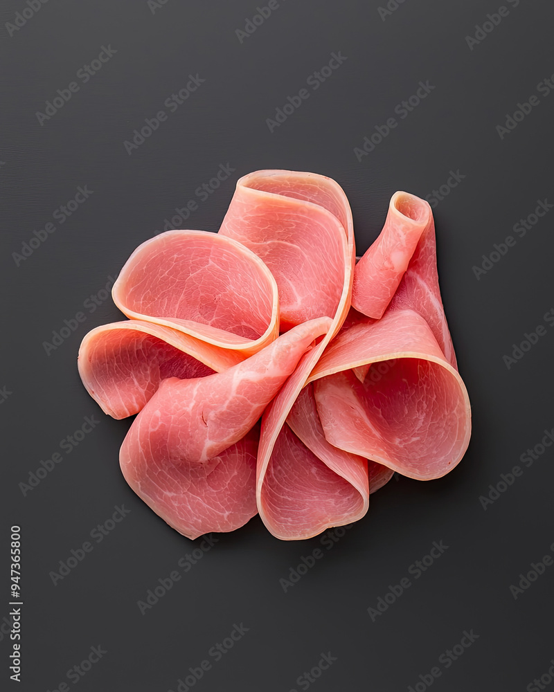 A delicate arrangement of thinly sliced ham on a dark backdrop, perfect for culinary or food photography. A delicate arrangement of thinly sliced ham on a dark backdrop, perfect for culinary or food photography.